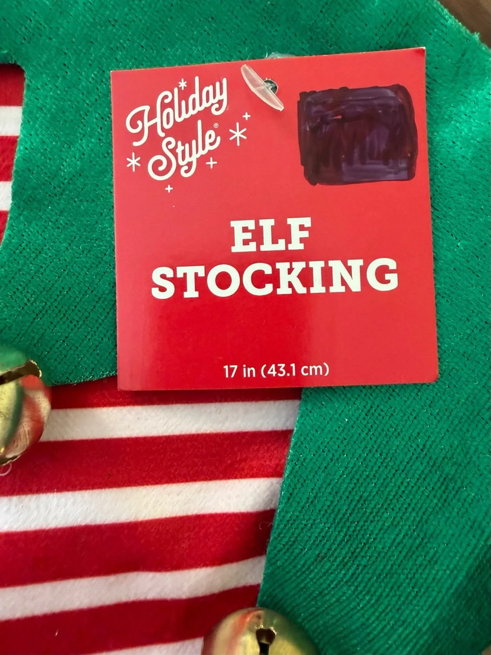 Holiday Style 17” Elf Christmas Stocking Striped with Jingle Bells